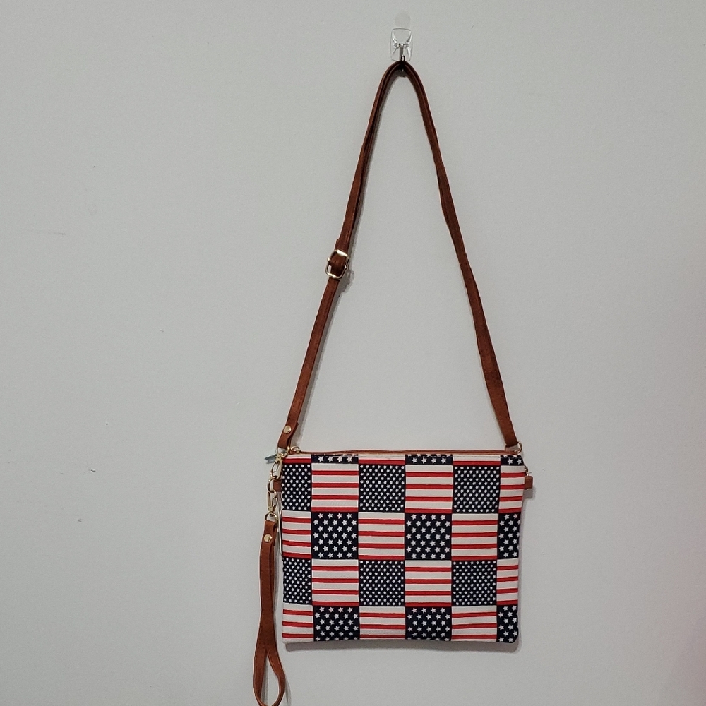 Red and Brown Leather Trim Crossbody Bag